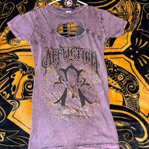 Affliction Purple Distressed Graphic Tee with Gold and Black Print